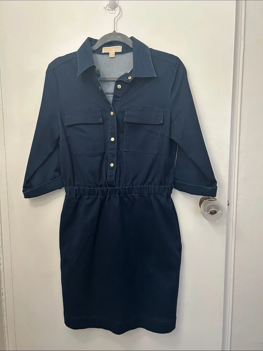 Michael Kors Navy Utility Midi Dress with Gold Buttons